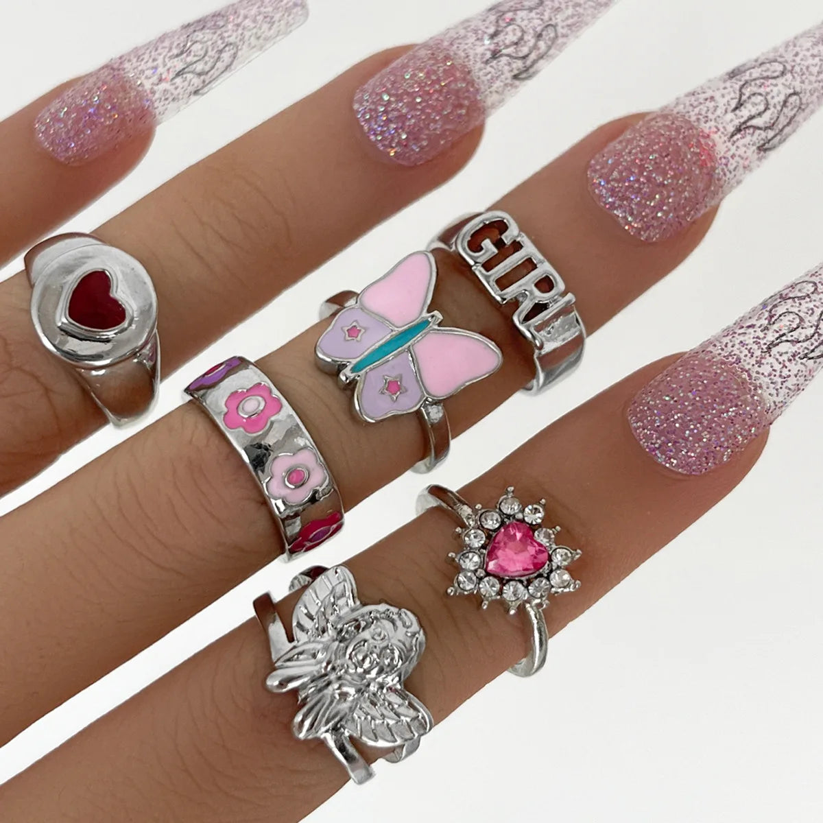 Wholesale 6Pcs/Set Jewelry Oil Drop Enamel Colorful Love Heart Flower Ring Set Crystal Letter Girl Butterfly Rings Set