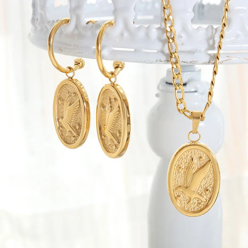 Simple Design Flying Eagle Oval Anti-tarnish Necklace Earrings Jewelry Set Fashion Necklaces Wholesale Bijoux Acier Inoxydable