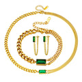 Exquisite 18K Gold Stainless Steel Three-Piece Lady Jewelry Set Inlaid Green Crystal Earrings Bracelet Gift for Wedding Party