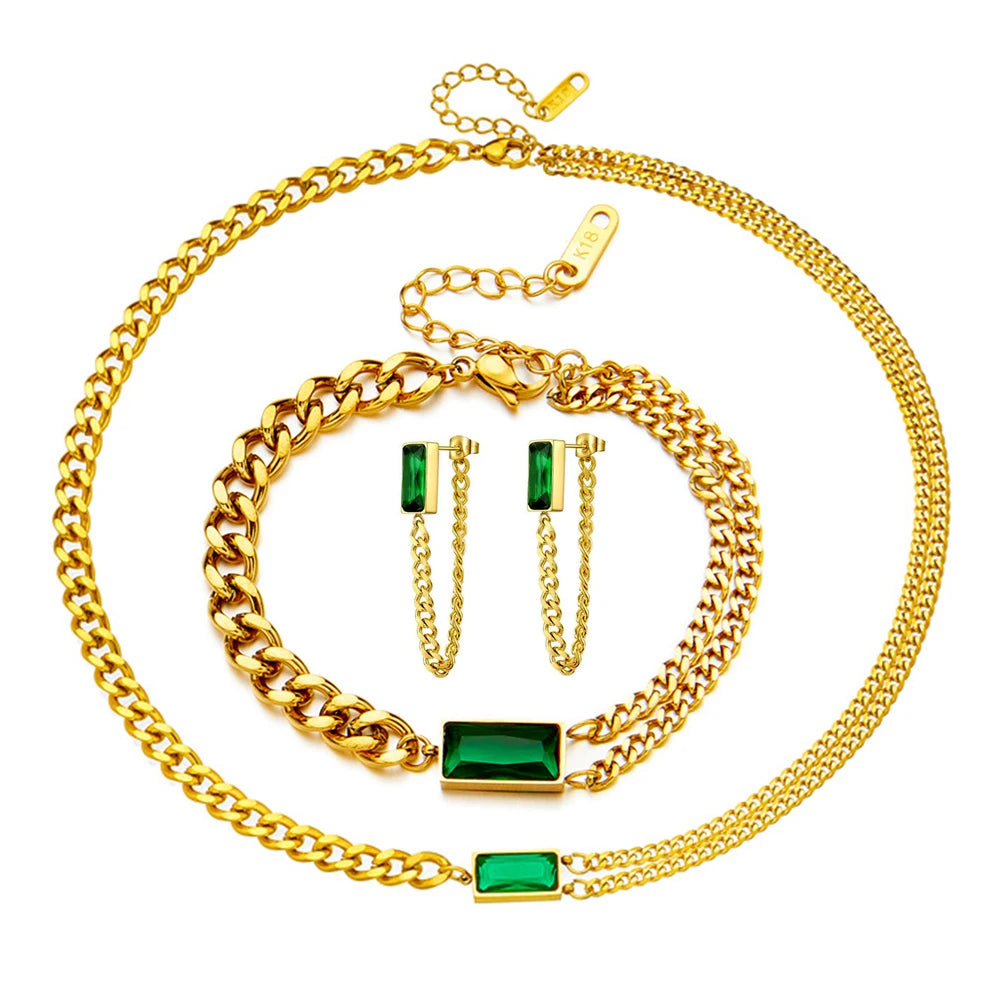Exquisite 18K Gold Stainless Steel Three-Piece Lady Jewelry Set Inlaid Green Crystal Earrings Bracelet Gift for Wedding Party