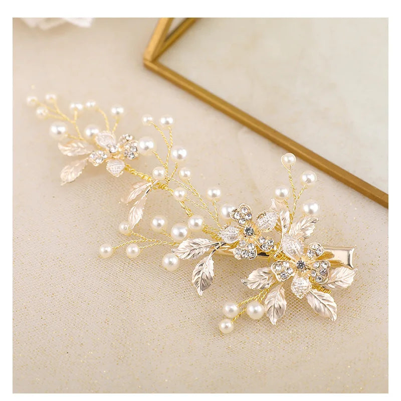SLBRIDAL Handmade Crystal Rhinestones Alloy Flower Leaf Bridal Hair Clip Barrettes Wedding Hair Accessories Women Hair Jewelry