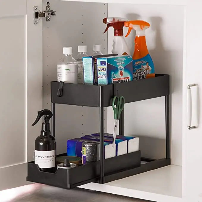Plastic Kitchen Under Sink Storage Rack Pull Out Cabinet Organizer