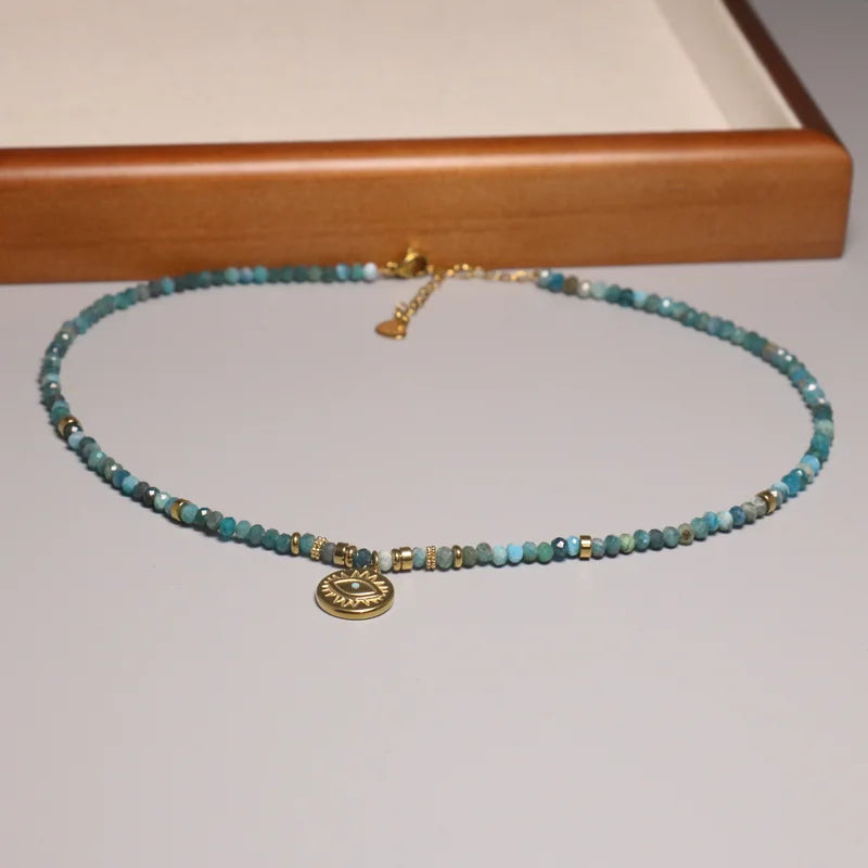 Minimalist Natural Blue Apatite Faceted Beaded Necklace for Women Gold Plated Chipped Stone Adjustable Healing Stone Choker