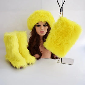 2020 New Arrival Hot Sale Cheap Women Kids Fur Snow Winter Boots Set Real Faux Fluffy Fur Boots with Headband and Bag
