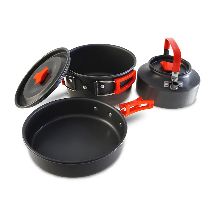 KingGear Eco-Friendly Black Outdoor Cooking Pot Pans Portable Camping Cookware Mess Kit 3 1 Camping Cooking Set Aluminium Alloy