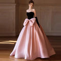 Black Velvet Top Pink Satin Floor Length Prom Dress  Bowknot Ball Gown Prom Gown Evening Quinceanera Dresses
