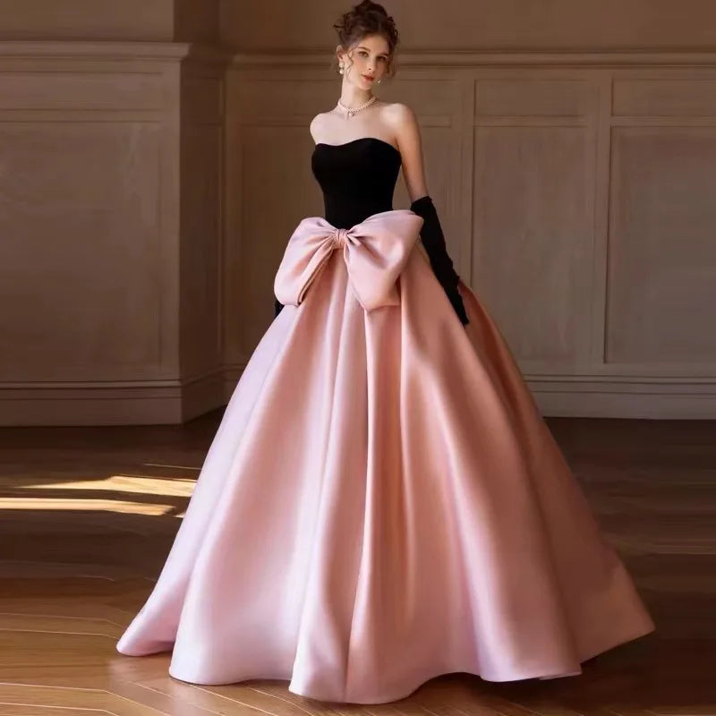 Black Velvet Top Pink Satin Floor Length Prom Dress  Bowknot Ball Gown Prom Gown Evening Quinceanera Dresses