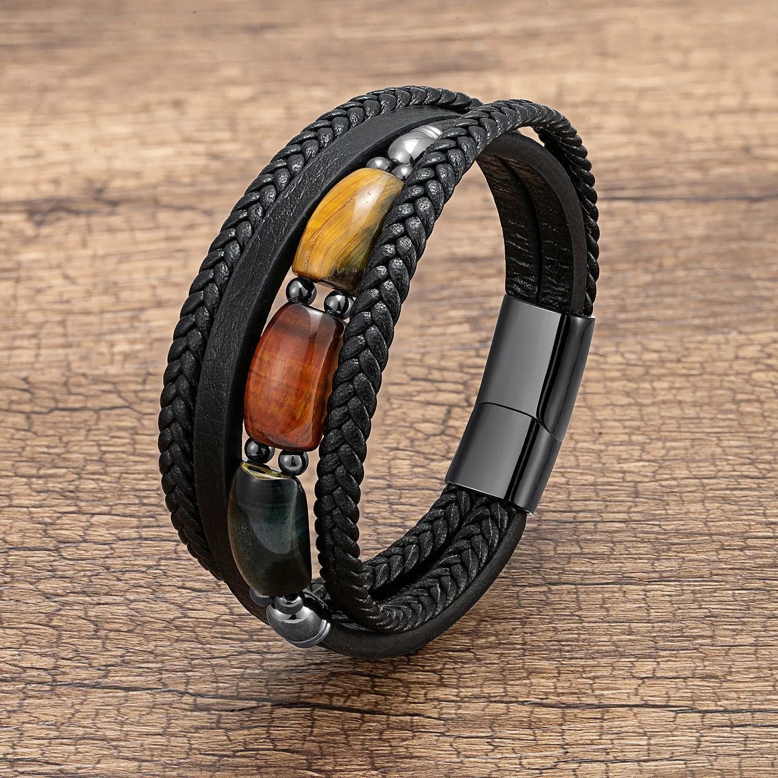 New Design High Quality Tiger Eye Stone Custom Logo Stainless Steel Magnet Clasp Vintage Genuine Leather Bracelet Men SL-283