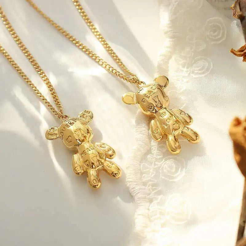 Ins Popular Women Jewelry 18k Gold Plate Teddy Bear Necklace Stainless Steel Alphabet Bear Pendant Necklace