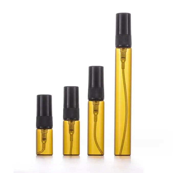 Refillable Empty 2ml 3ml 5ml 10ml Amber Color Tube Glass Vial Mini Glass Perfume Spray Bottle With Plastic Spray