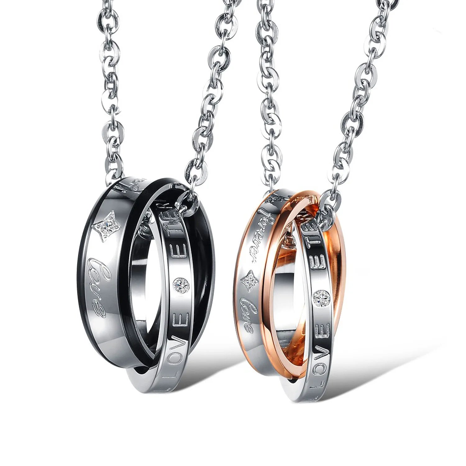 Stainless Steel Romantic Zircon Pendant Double Circle Ring Engraving love Letter Couple O Shaped Chain Link  Necklace
