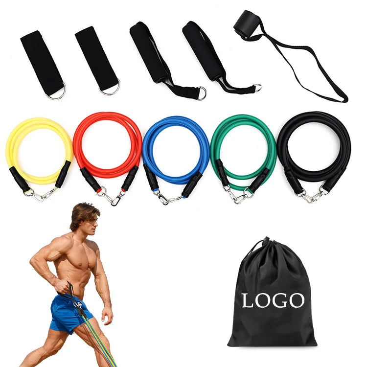 Wholesale 11-Piece Custom Heavy Duty Fitness Workout Elastic Exercise Bands TPE Resistance Tubes Set Handles Training Loop