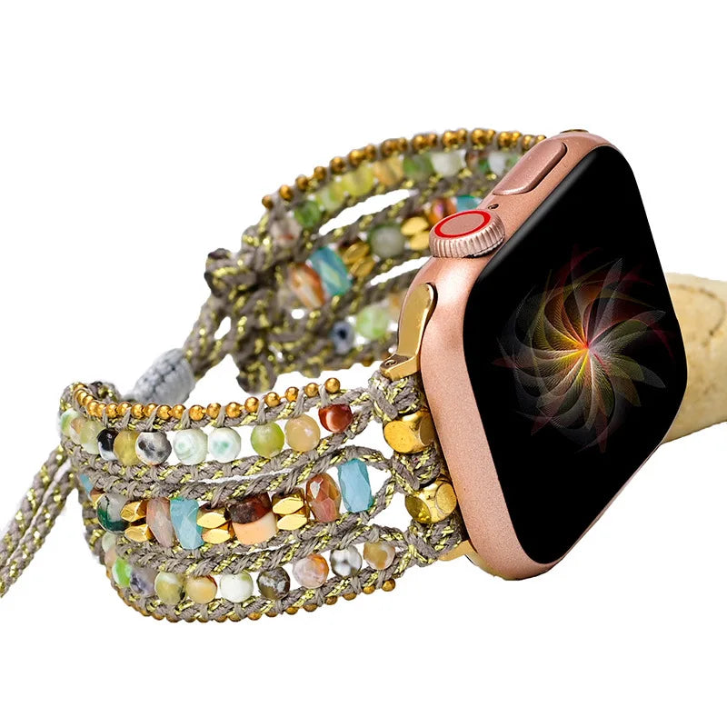 Handmade 3-Layer Boho Smart Watch Strap Bracelet Natural Stone Crystals Woven Removable Adjustable Watch Band