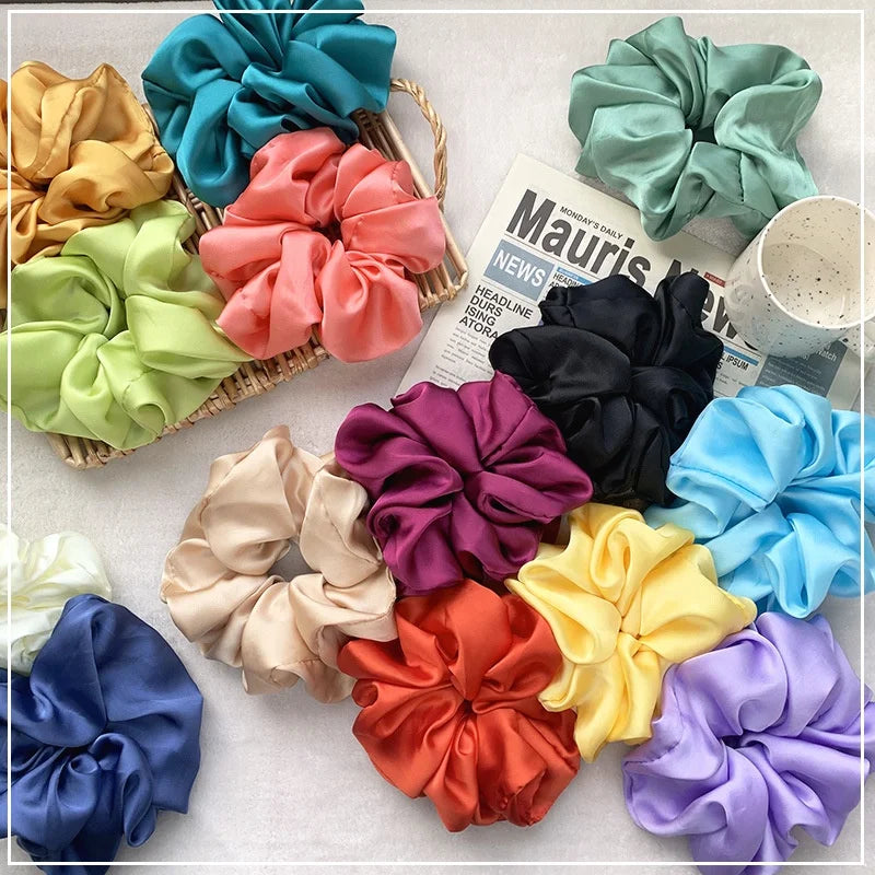2024 Wholesale Women Fabric Elastic Band Scrunchies Accessories Custom Pure Color Oversized Satin XXL Scrunchies