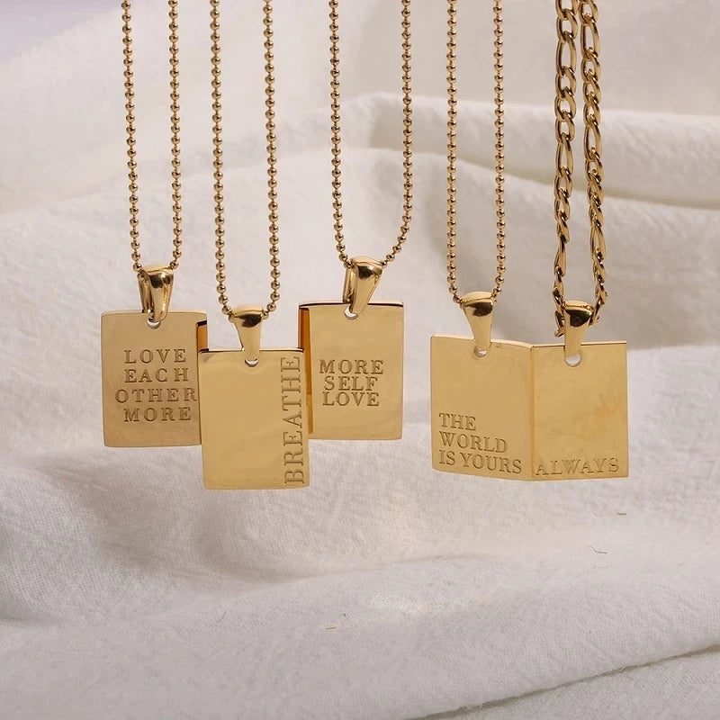 2025 New Rectangular English Letter Pendant 18K Gold Plated Stainless Steel Necklace for Women Girls