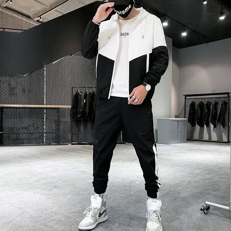 Spring Fall Patchwork Hip Hop Casual Men Sets 2 Piece Sets Clothes Streetwear Fitness Male Tracksuit