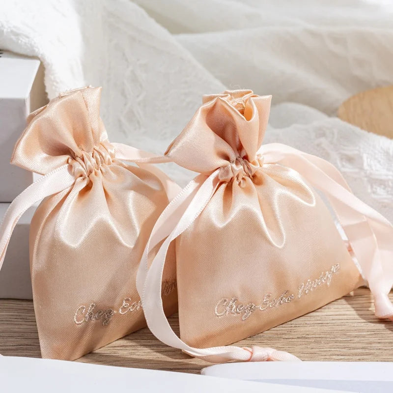Wholesale Custom Logo Printed Satin Silk Hair Extension Storage Bag Wig Packaging Satin Bag