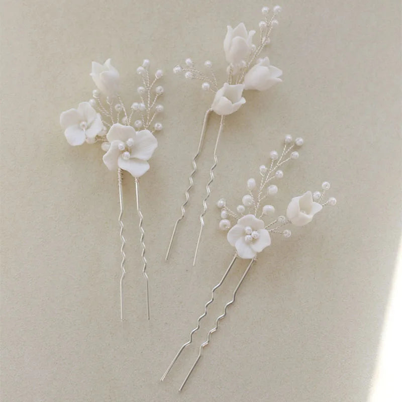 SLBRIDAL Handmade Alloy Ceram Flower Pearls Bridal Hair Pin Wedding Hair Sticker Women Bridesmaids Jewelry Hair Accessories
