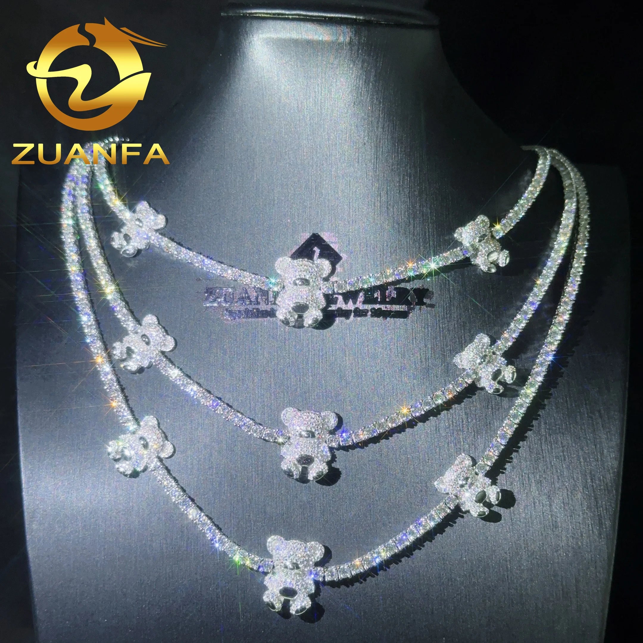 Moissanite Diamond 3mm Moissanite Tennis Chain 925 Sterling Silver Hip Hop Tennis Necklace With Bear for Women Mens