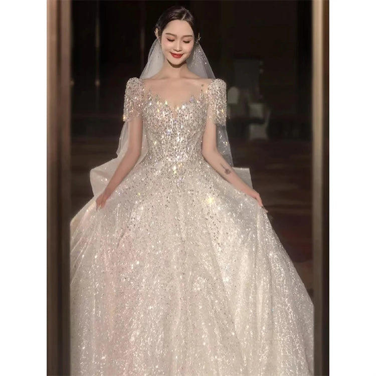 Heavy Industry Luxury Senior Sense Bridal Wedding Dress Fairy Beautiful Lace Bow Sequin Big Train Church Floor-Length