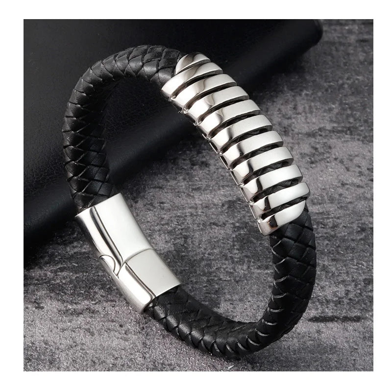 Wholesale Jewelry Genuine Leather Wrap Bangle Men Bracelet 19cm 21mm Male Stainless Steel Magnetic Clasp Wrist Band Bracelet
