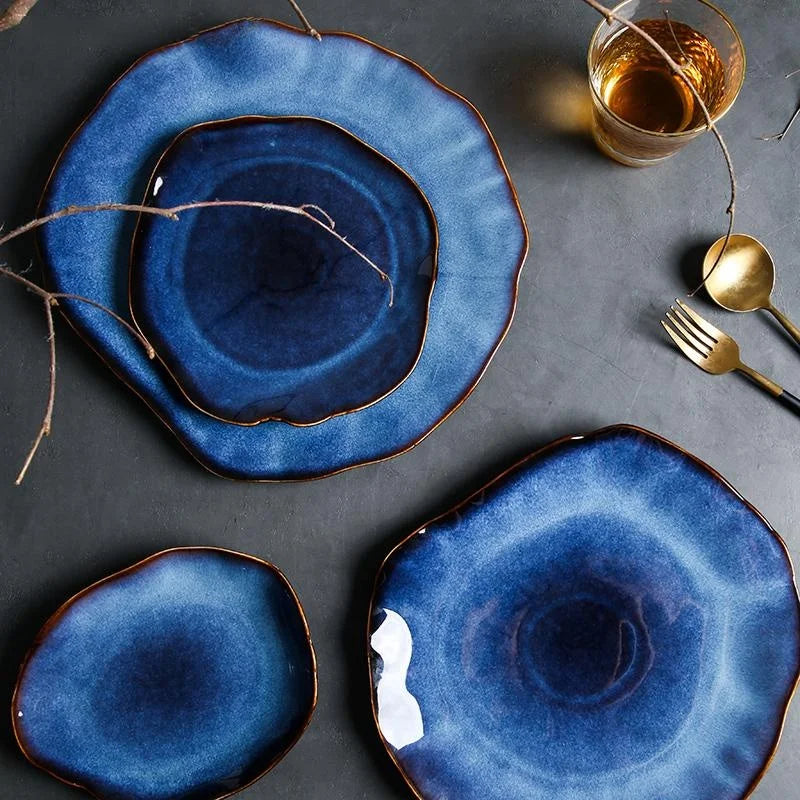 Japanese Blue Ceramic Steak Plate Pasta Plate Pottery Irregular Dish Dinnerware Wholesale Dishes Ceramic Dish