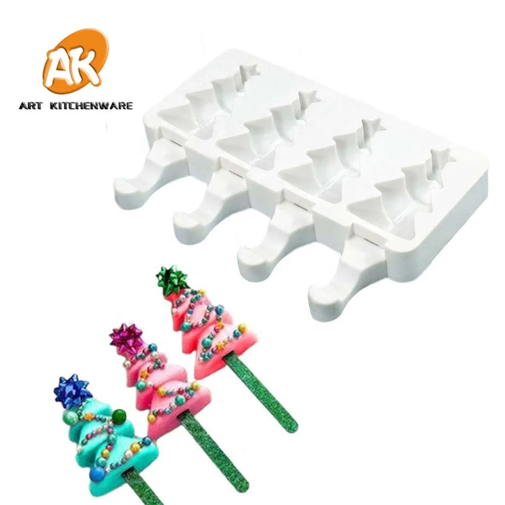 AK 4 Cavities Christmas Tree  Ice Cream Molds Silicone Cake Tools Cakesicle Chocolate Cake Pop Moulds