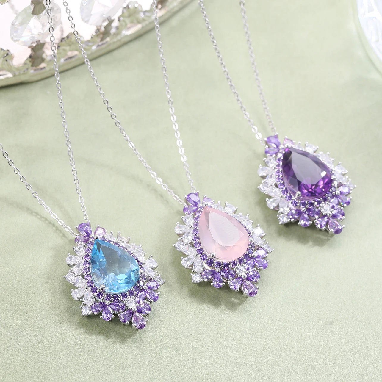 C9386 Abiding Custom Jewellery Pear 12x16mm Different Big Stone Unique Designs China New Trend Silver Jewelry Pendant Necklace