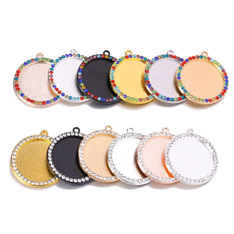 25/30mm Diamond-set Necklace Charms Round Alloy 18K Gold Plated Sublimation Blanks Pendants