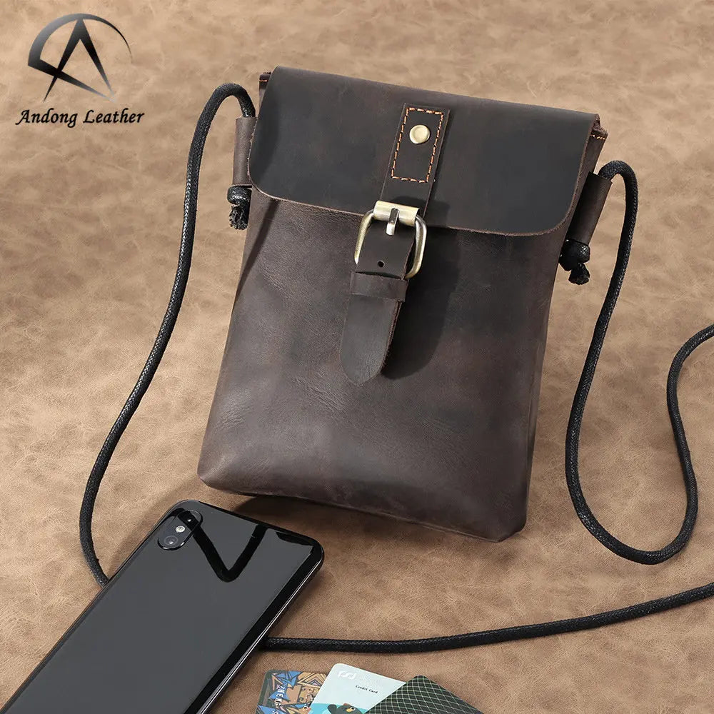 Andong Leather Crossbody Bag for Men Genuine Cow Leather Shoulder Sling Bag Fashion Crazy Horse Leather Phone Bag
