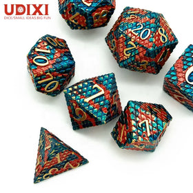 For Udixi Custom Logo Dungeons and Dragons RPG Metal Dice Set Polyhedral Dragon Scale Orange & Blue Packed in Metal Box