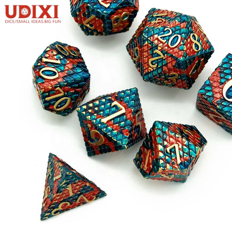 For Udixi Custom Logo Dungeons and Dragons RPG Metal Dice Set Polyhedral Dragon Scale Orange & Blue Packed in Metal Box