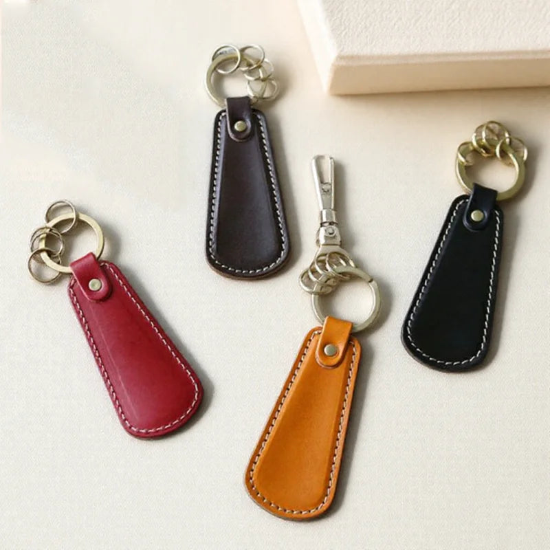 Luxury PU Leather Shoehorn Key Chain Custom Travel Metal Shoe Horns with Leather Cover Handle
