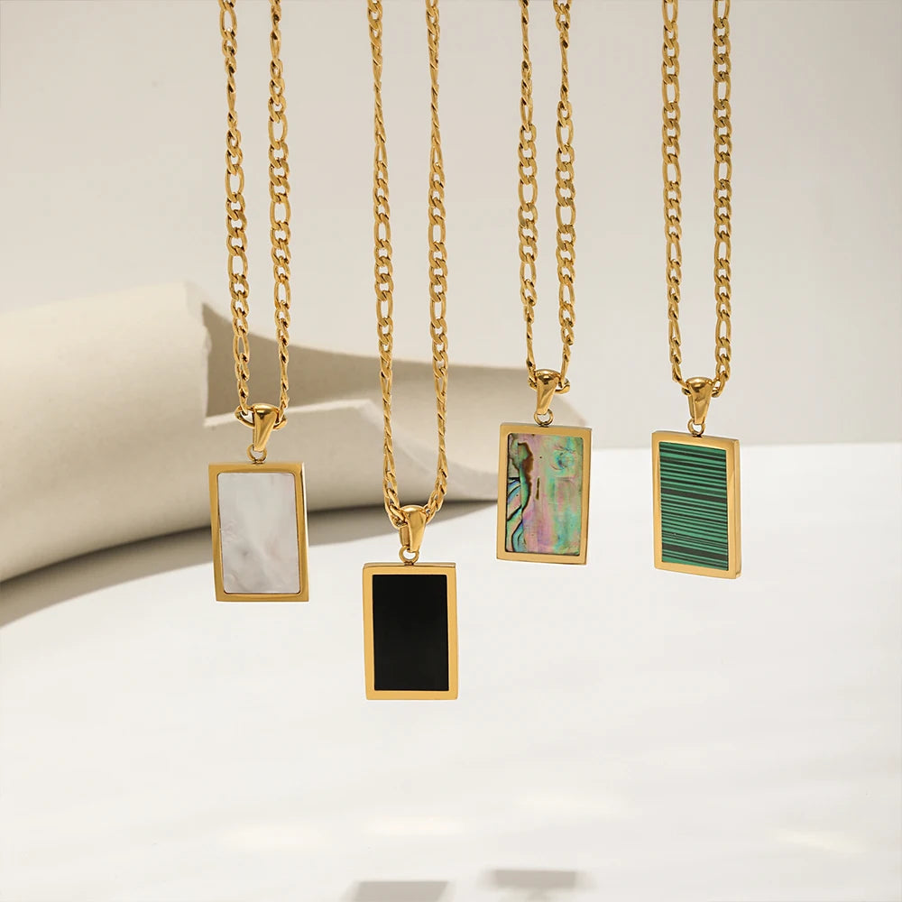 EManco Retro Gold Plated Geometric Square Pendant Stainless Steel Emerald Shell Charms Women Fashion DIY Necklace Accessory