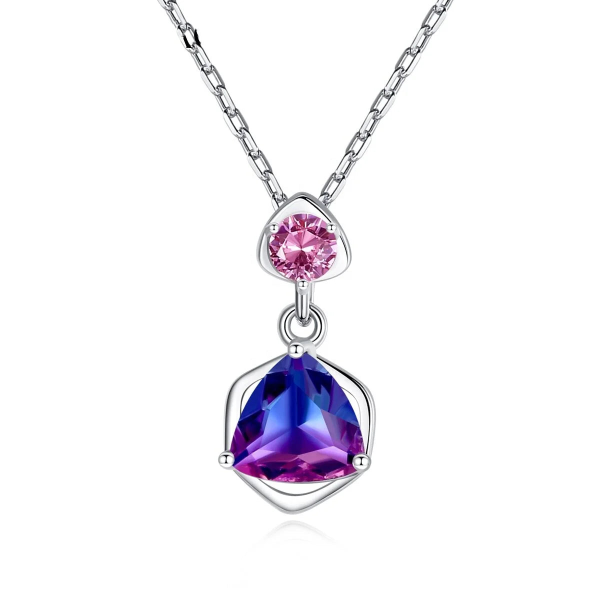 Fashion Jewelry 925 Sterling Silver Blue Purple Simulated Gemstone Rainbow Triangle Pendant Necklace for Women Anniversary Gift