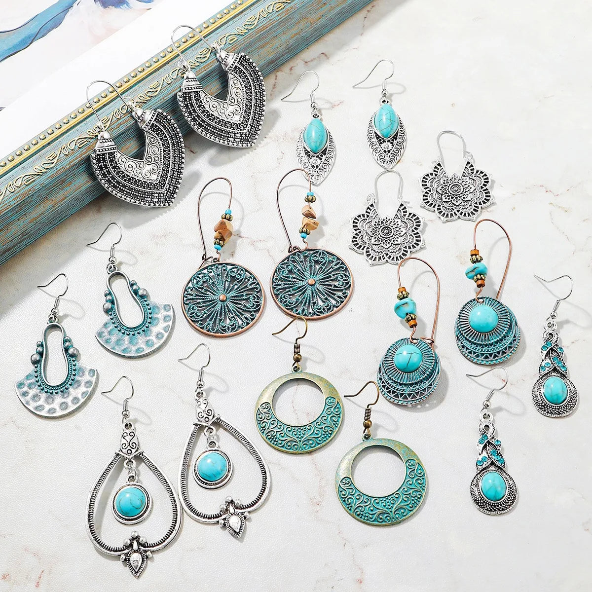 Bohemian Ethnic Style Patina Antique Silver Plated Turquoise Vintage Boho Earring Jewelry for Women