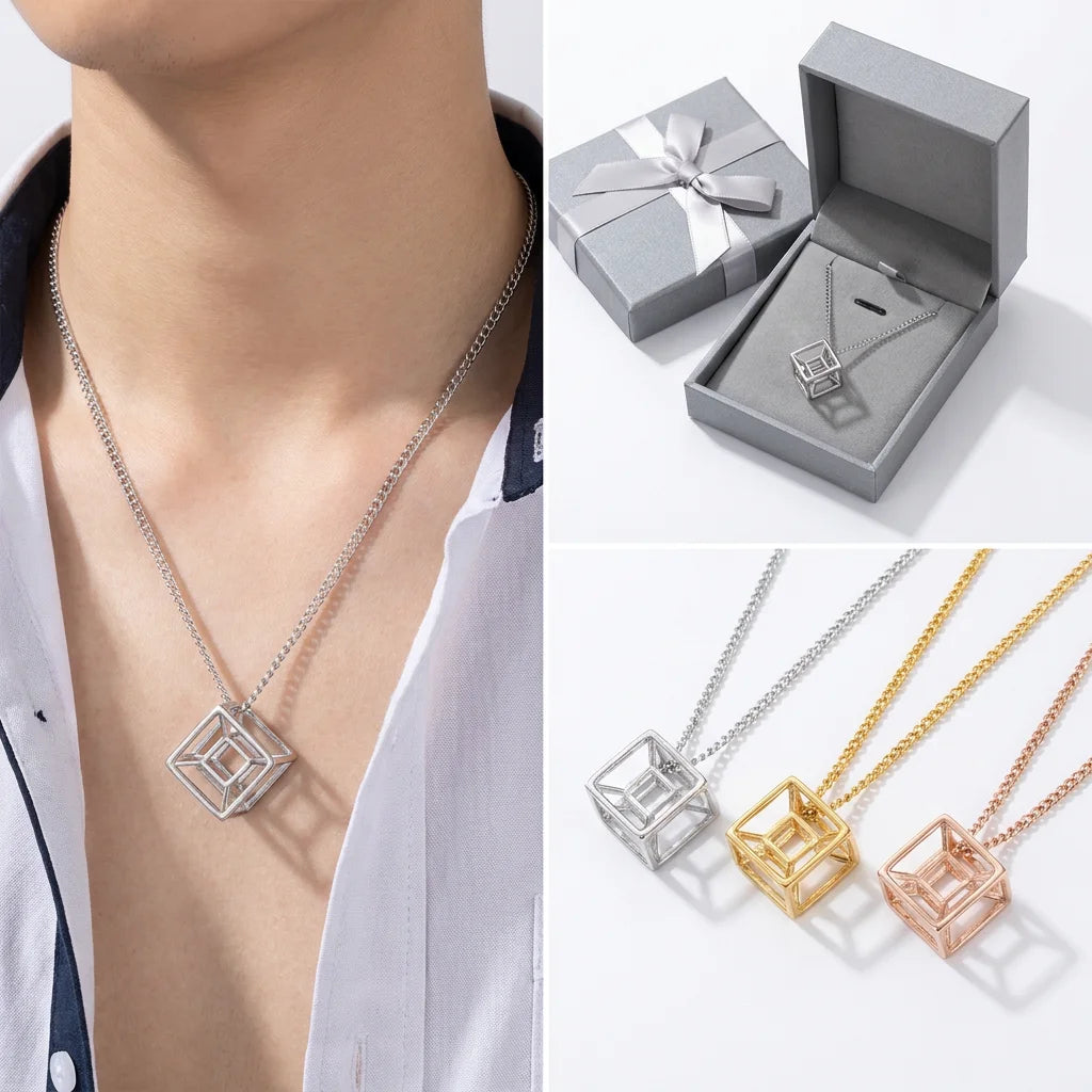 Yiwu Aceon Stainless Steel Casting 3D Hollow Double Tube Square Metathron Newest Magic Powerful Tesseract Pendant