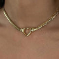 Stainless Steel Flat Link Chain Necklace Gold Plated Love Heart Shaped Pendant Necklace for Valentines Day Gifts