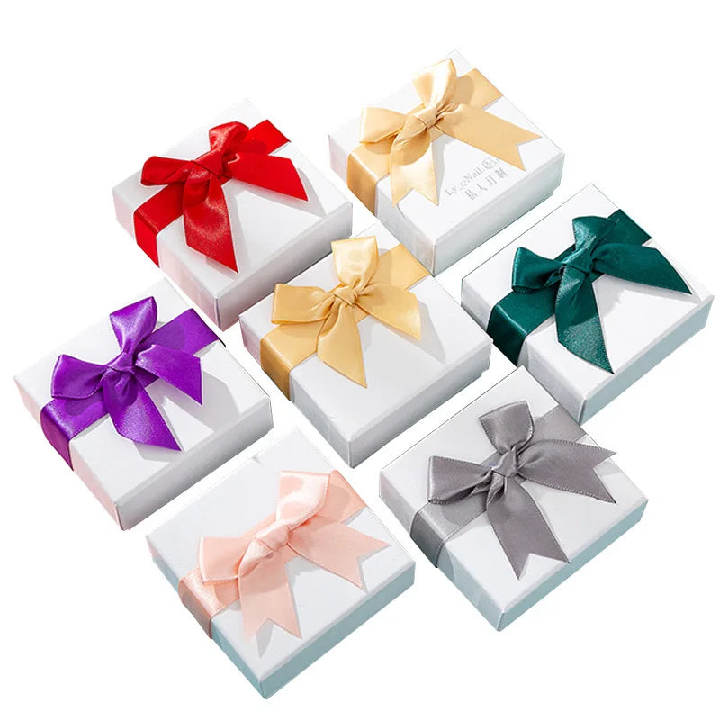Fashion Cardboard Material Ring Necklace White Gift Packaging Paper Box With Bow Tie Jewelry Box