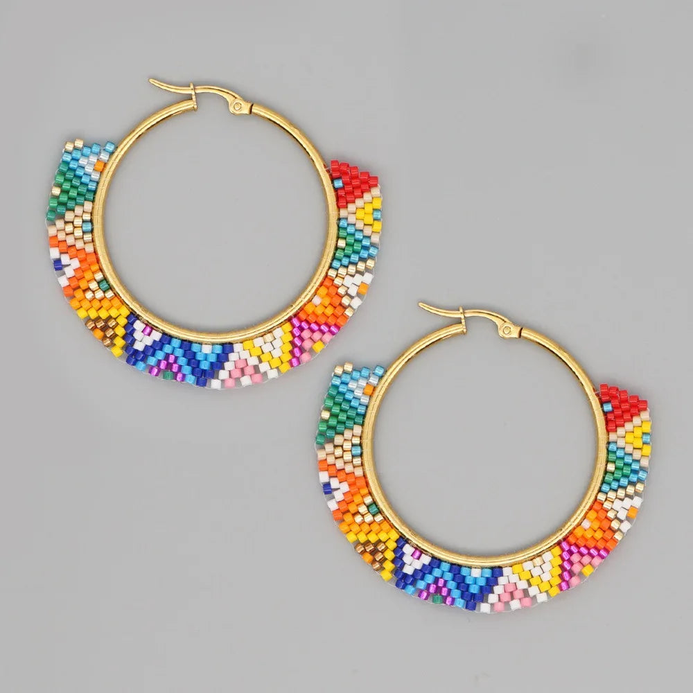 Boho Handmade Miyuki Beaded Hoop Earrings Creative Geometry Colorful Seed Beads Earrings