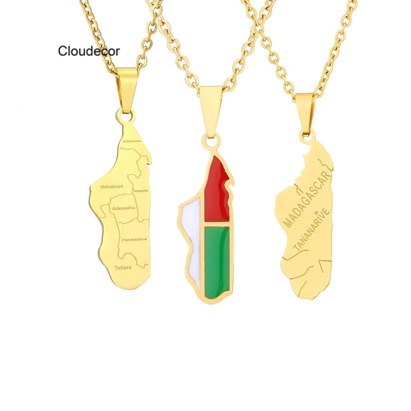 Men's Women's Trendy 18K Gold Plated Stainless Steel Chain Necklace Fashion Africa Madagascar Map Necklace for Anniversaries
