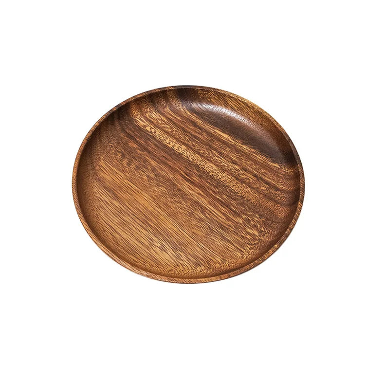 Acacia Bambus Tray Wood Plate for Restaurants Wholesale Hot Sale Burger Pizza Dinner Customised Logo Wooden Black Camping Smooth
