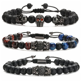 Wholesale Hot Copper Microset Crown Braided Strings Tiger Eye Lava Stone Skull Bead Bracelet for Men