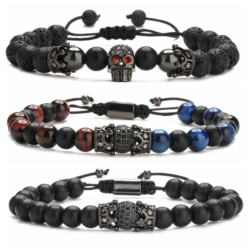 Wholesale Hot Copper Microset Crown Braided Strings Tiger Eye Lava Stone Skull Bead Bracelet for Men