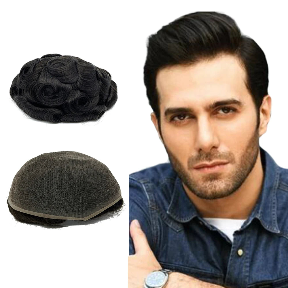 Full Swiss Lace Men's Toupee 64 Colors Breathable Hair Replacement System Bleached Knots Invisible Hairline Human Hair Piece