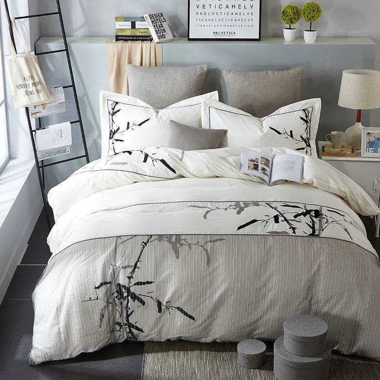Custom Luxury 100% Cotton Bamboo Duvet Cover Printing Bed Sheet Breathable Chinese Embroidery Quilt Cover White Bedding Set