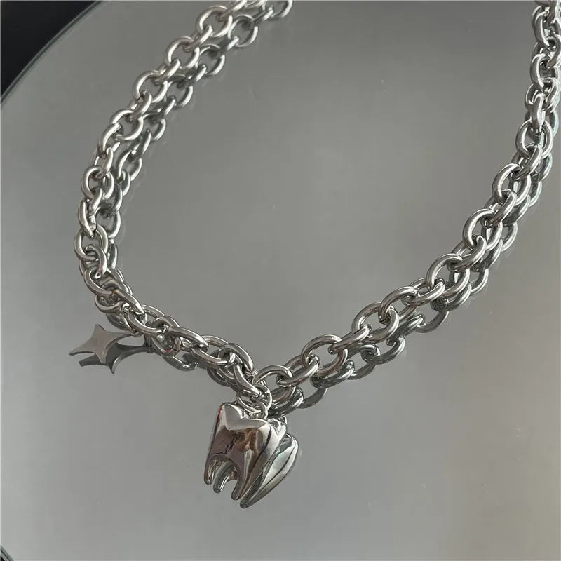 2022 Fashion Stainless Steel Necklace Ins Hip Hop Pendant Necklace Funny Teeth Necklace for Women