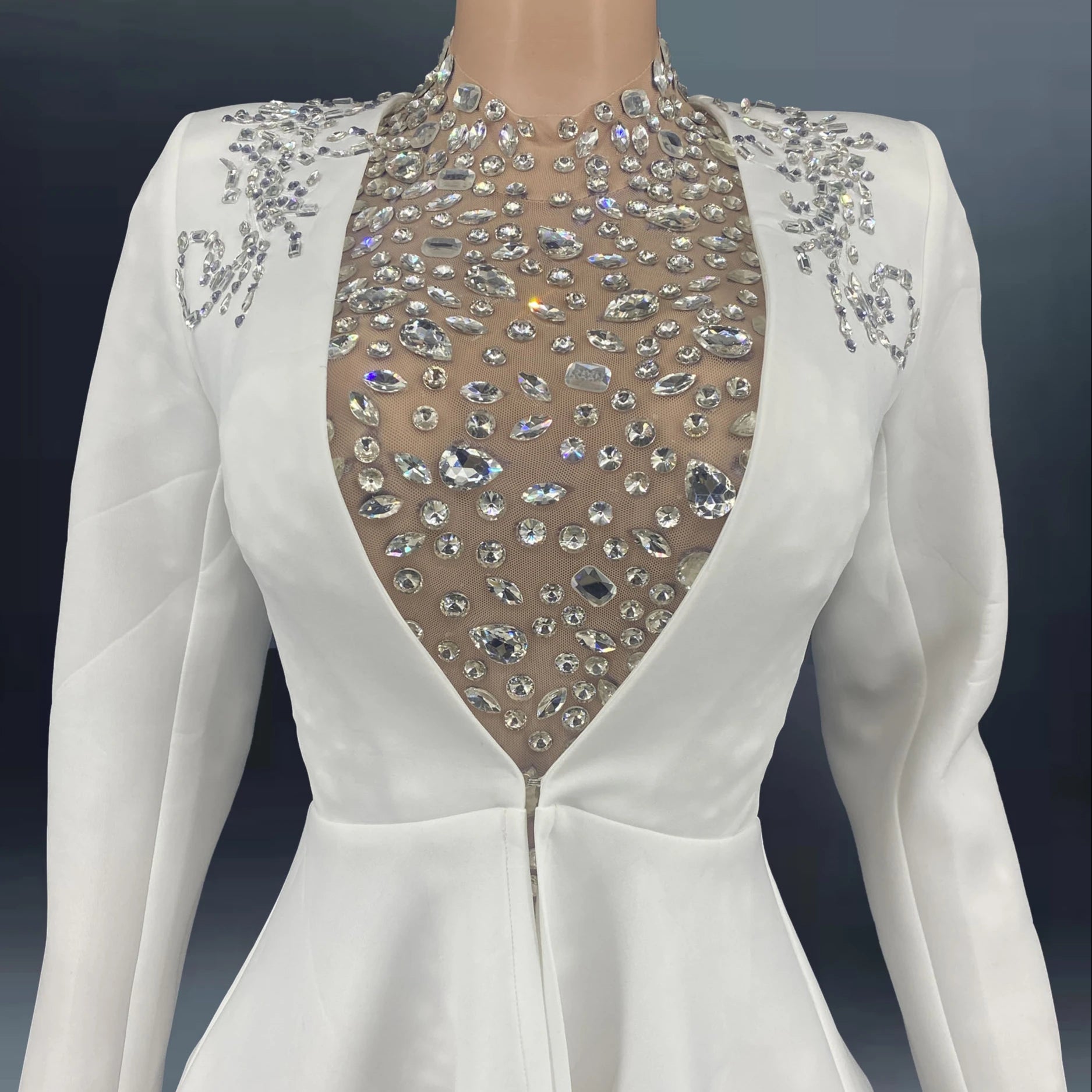 Singer Party Show Costume Weddding Dress Illusion Full Sleeve Sexy Backless Luxury Crystal  Bridal Dress Ivory Illusion Skirt