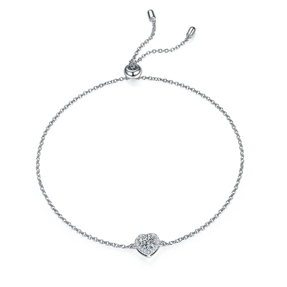 RINNTIN SMB05 Ajustable Bracelet Solid 925 Sterling Silver Forever Classic Heart Shape Moissanite Bracelet