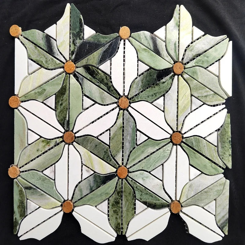 Modern Eco-Friendly Waterjet Flower Pattern Marble Mosaic Tile Brass Inlay for Kitchen Backsplash Interior Wall Bathroom Tiles